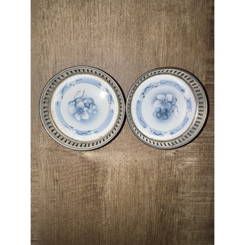 Vintage Blue White Grapes Porcelain Silver‎ Coasters THEODOR PAETSCH SPRITZDEKOR